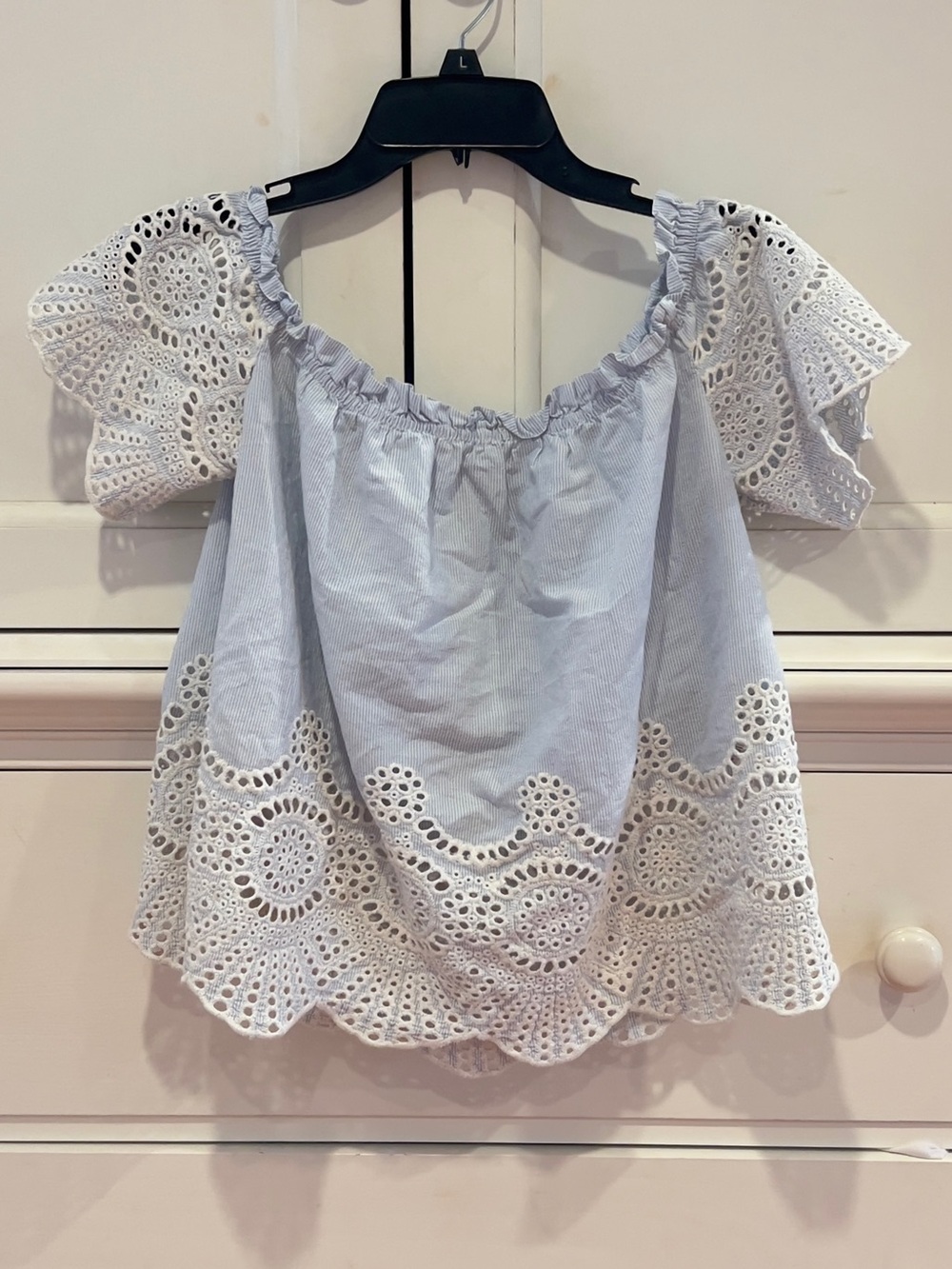 stradivarius Light Blue Off-Shoulder Eyelet Lace Trim Top